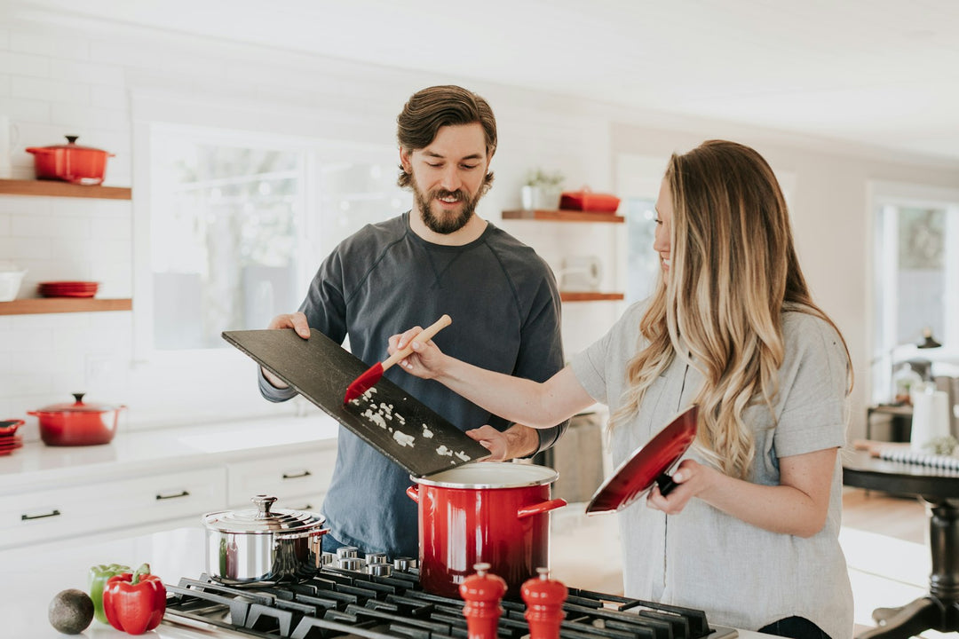 Modern kitchen tools and gadgets on white counter